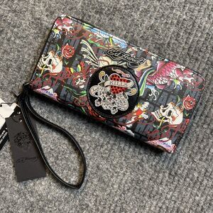 Ed Hardy Zip Around Wristlet Wallet Y2K Skull Love Kills Slowly Black Red NEW